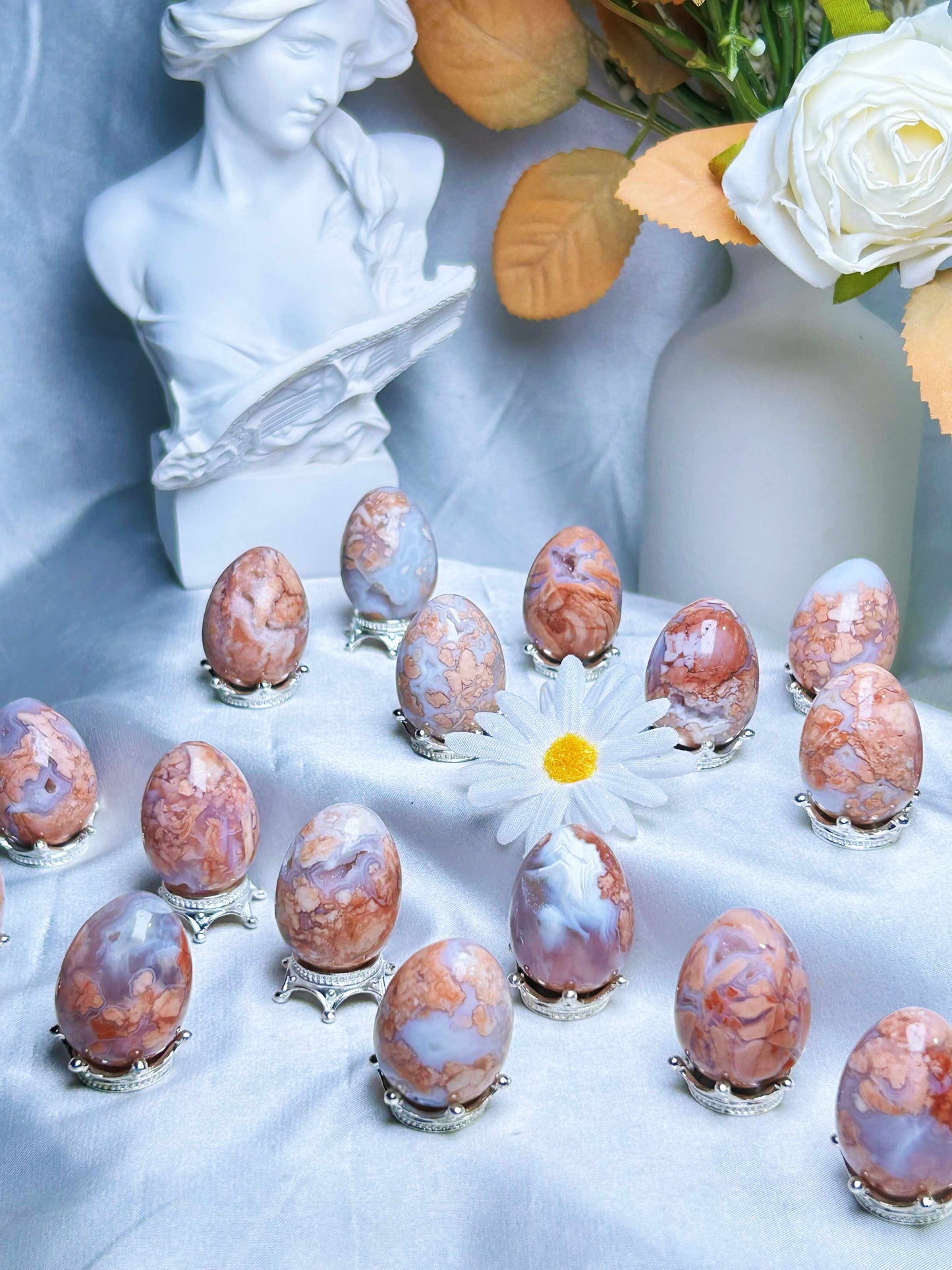 Huevos de cristal druzy de ágata con flor de amatista natural ROSA, pieza de exhibición de 30 mm