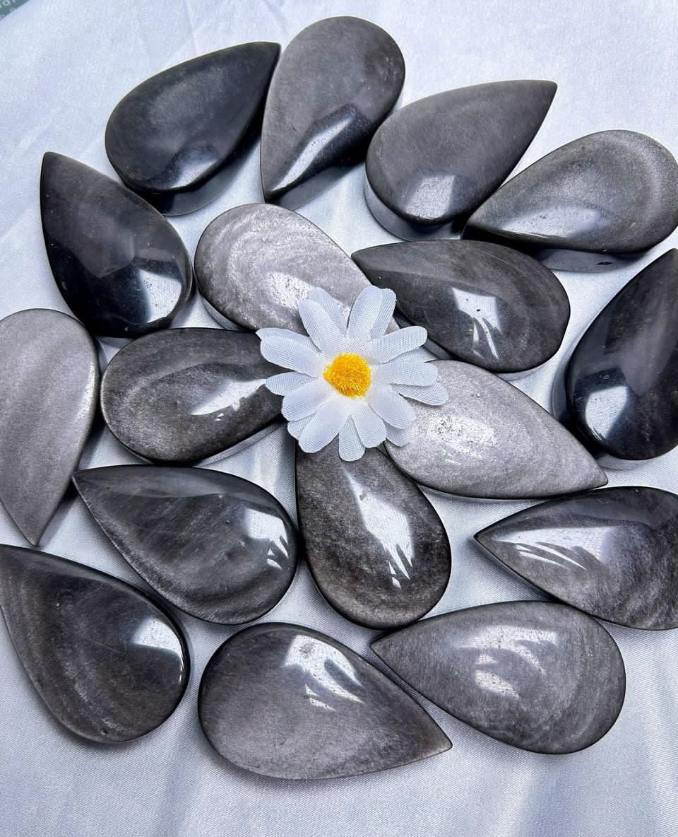 Silver Obsidian Teardrop Grade AAA Genuine Natural Rock Gemstone Pendent 55mm