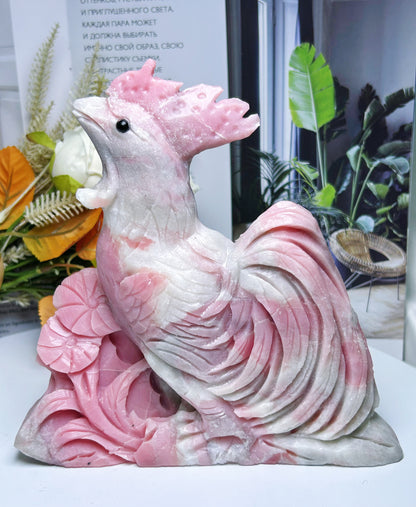 1.237kg natural crystal gemstone rock pink opal roaster carving/animal/zodiac crystal carving