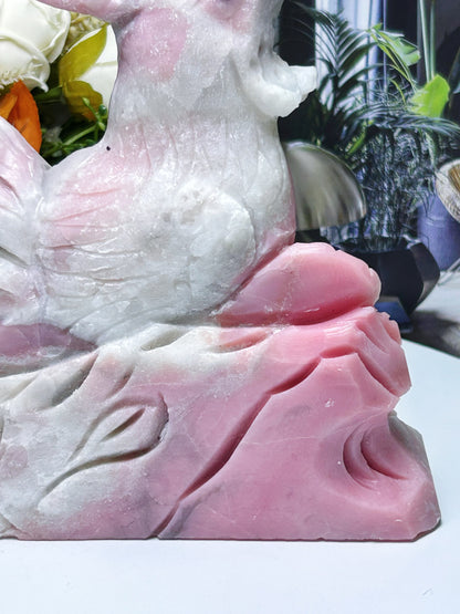 1.237kg natural crystal gemstone rock pink opal roaster carving/animal/zodiac crystal carving