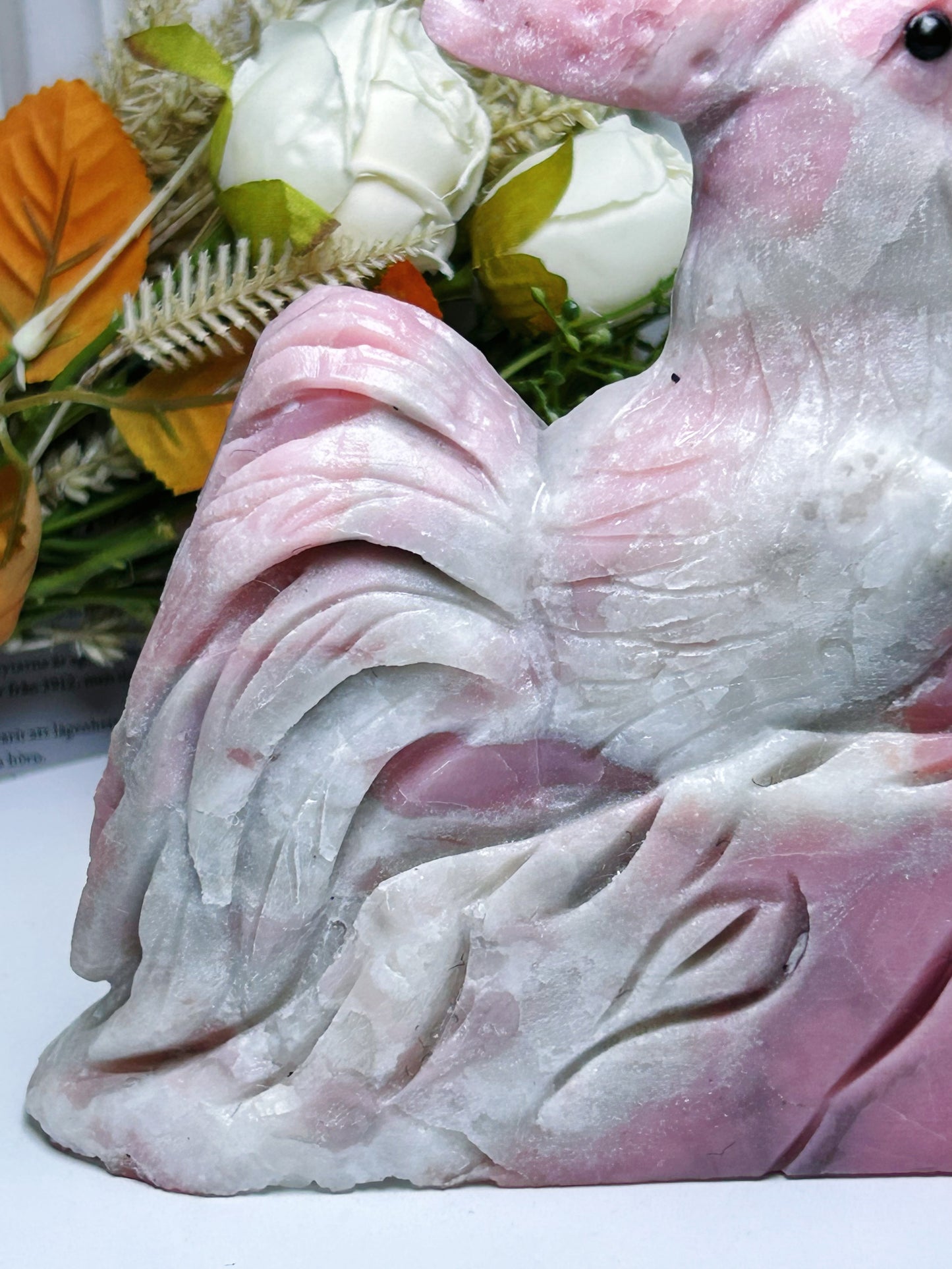 1.237kg natural crystal gemstone rock pink opal roaster carving/animal/zodiac crystal carving