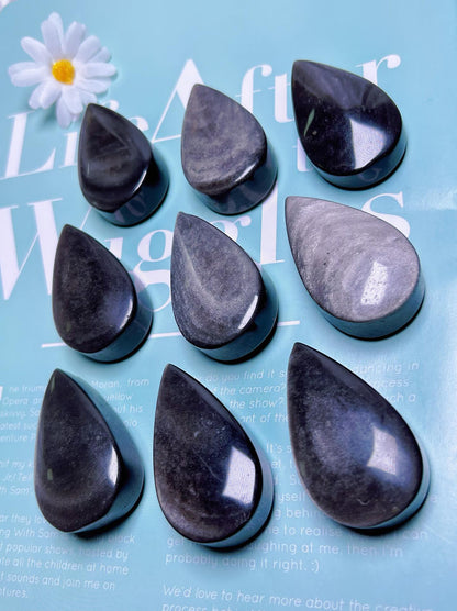 Silver Obsidian Teardrop Grade AAA Genuine Natural Rock Gemstone Pendent  55mm