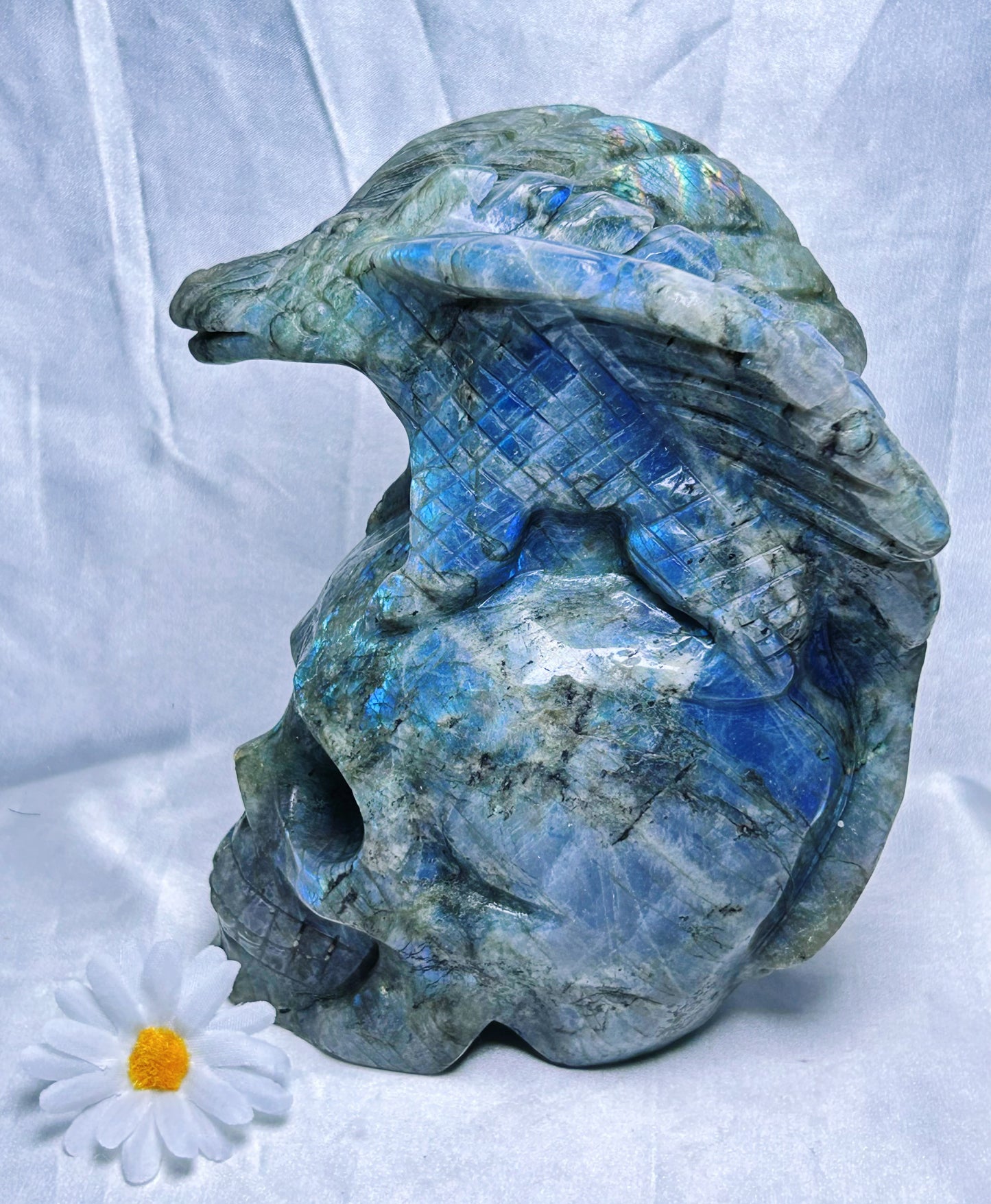 Dragón de labradorita natural de 2 kg/calavera de dragón de cristal/dragón volador de cristal/decoración del hogar/regalo de cristal