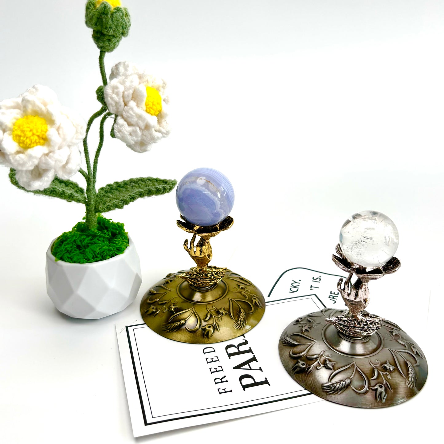 $9.5/1pcs Golden rotation hands  crystal base, Silvery rotation hands crystal base, crystal sphere base.