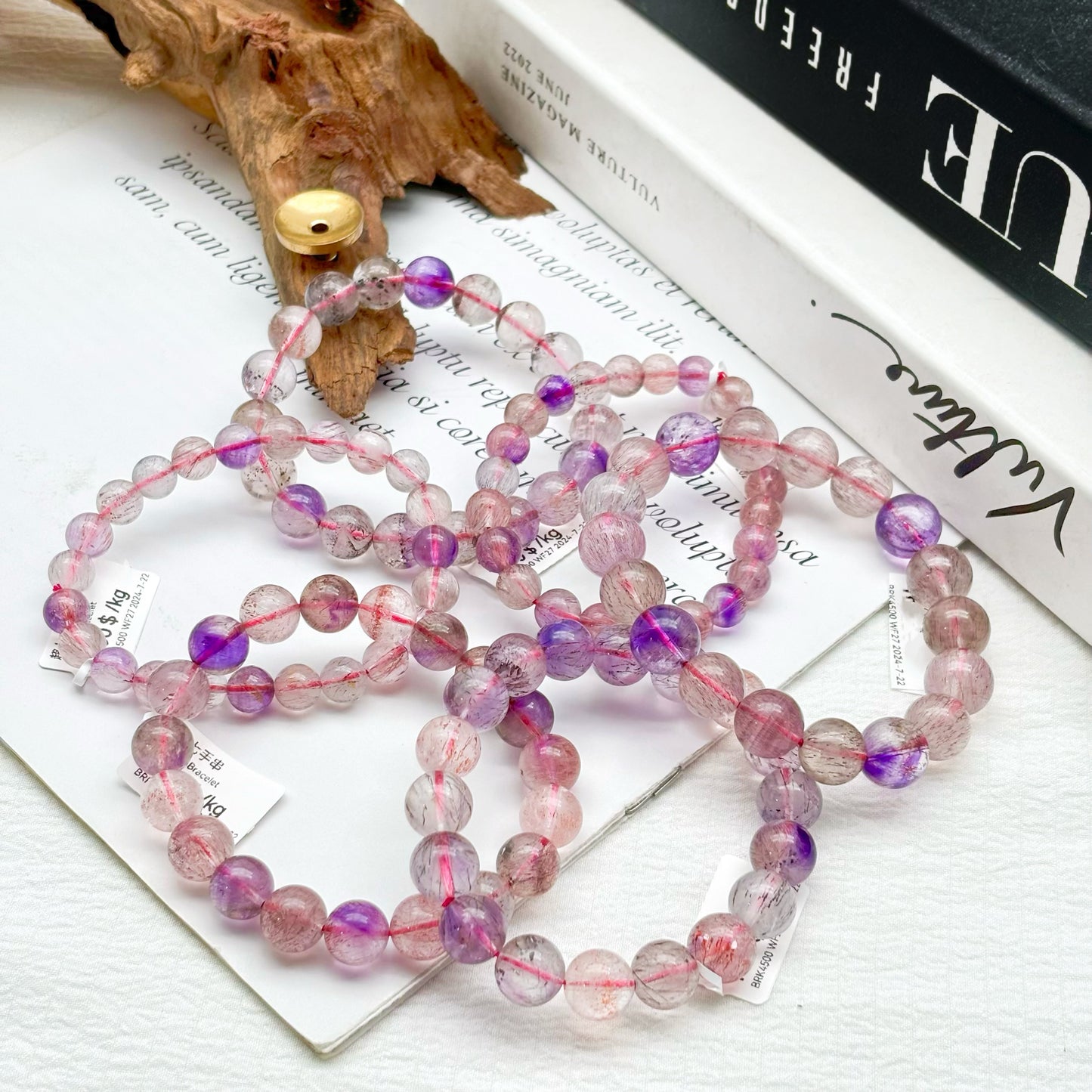 Wholesale prices — 80%: New crystal bracelets , minimum order of 1KG. Choose from Larimar, Plum blossom Tourmaline, prasiolite, Red Calcite, Strawberry Quartz, and more...