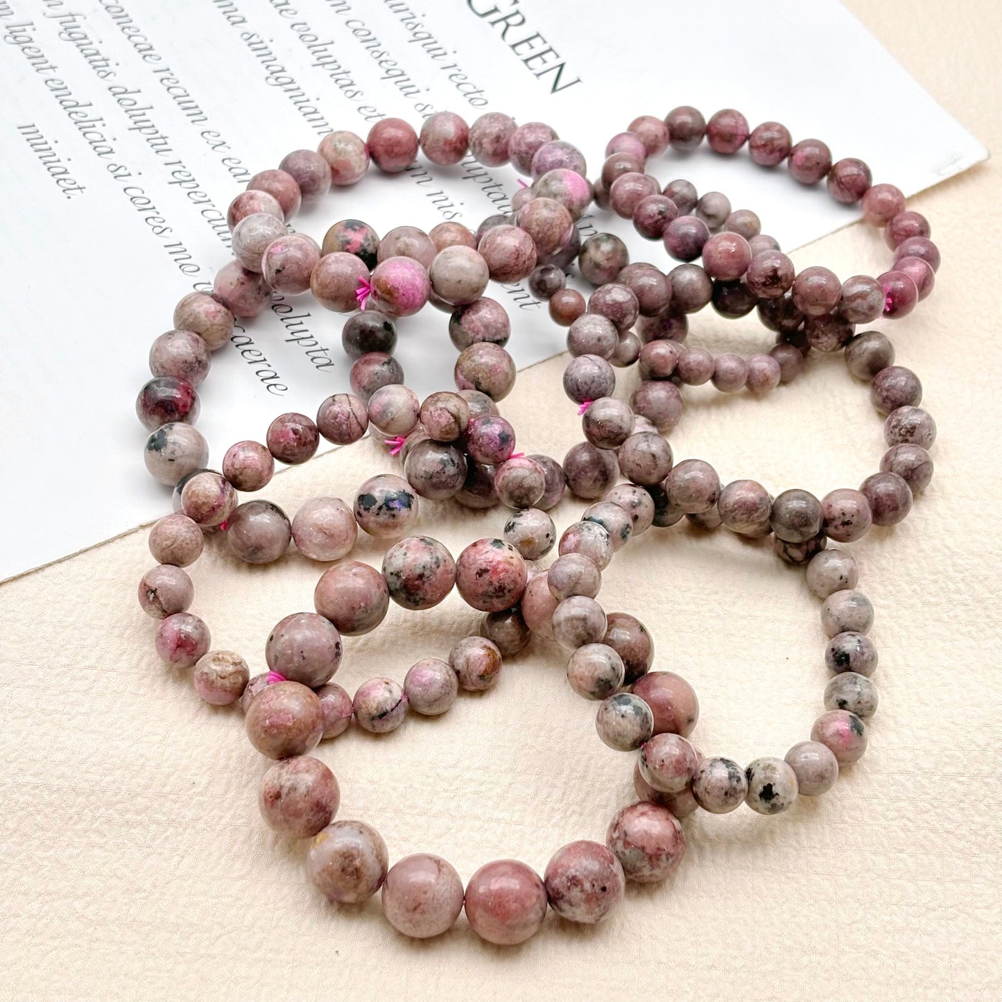 Wholesale prices — 80%: New crystal bracelets , minimum order of 1KG. Choose from Larimar, Plum blossom Tourmaline, prasiolite, Red Calcite, Strawberry Quartz, and more...